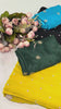 Mustard Georgette Saree — Scalloped Lace Border & Embroidered Buti