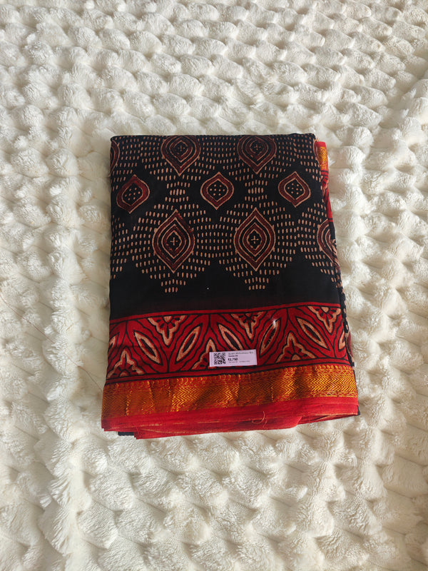 Ajrakh Print Maheshwari Silk Saree — Red & Black 03