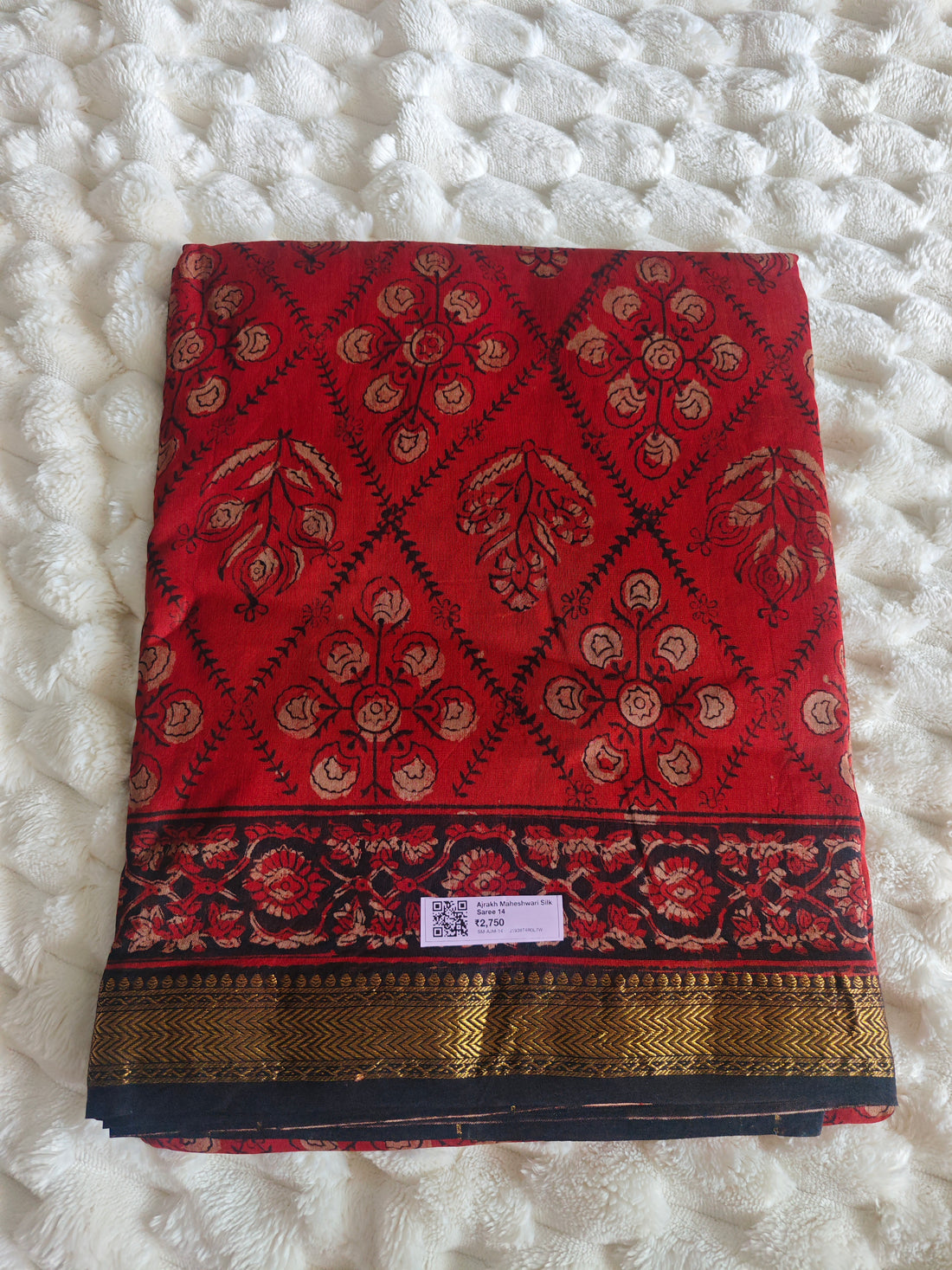 Ajrakh Print Maheshwari Silk Saree — Red & Black 14