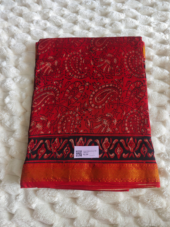 Ajrakh Print Maheshwari Silk Saree — Red & Black 12