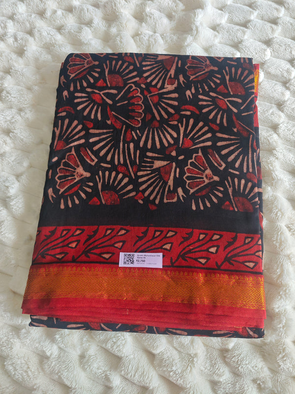 Ajrakh Print Maheshwari Silk Saree — Red & Black 05