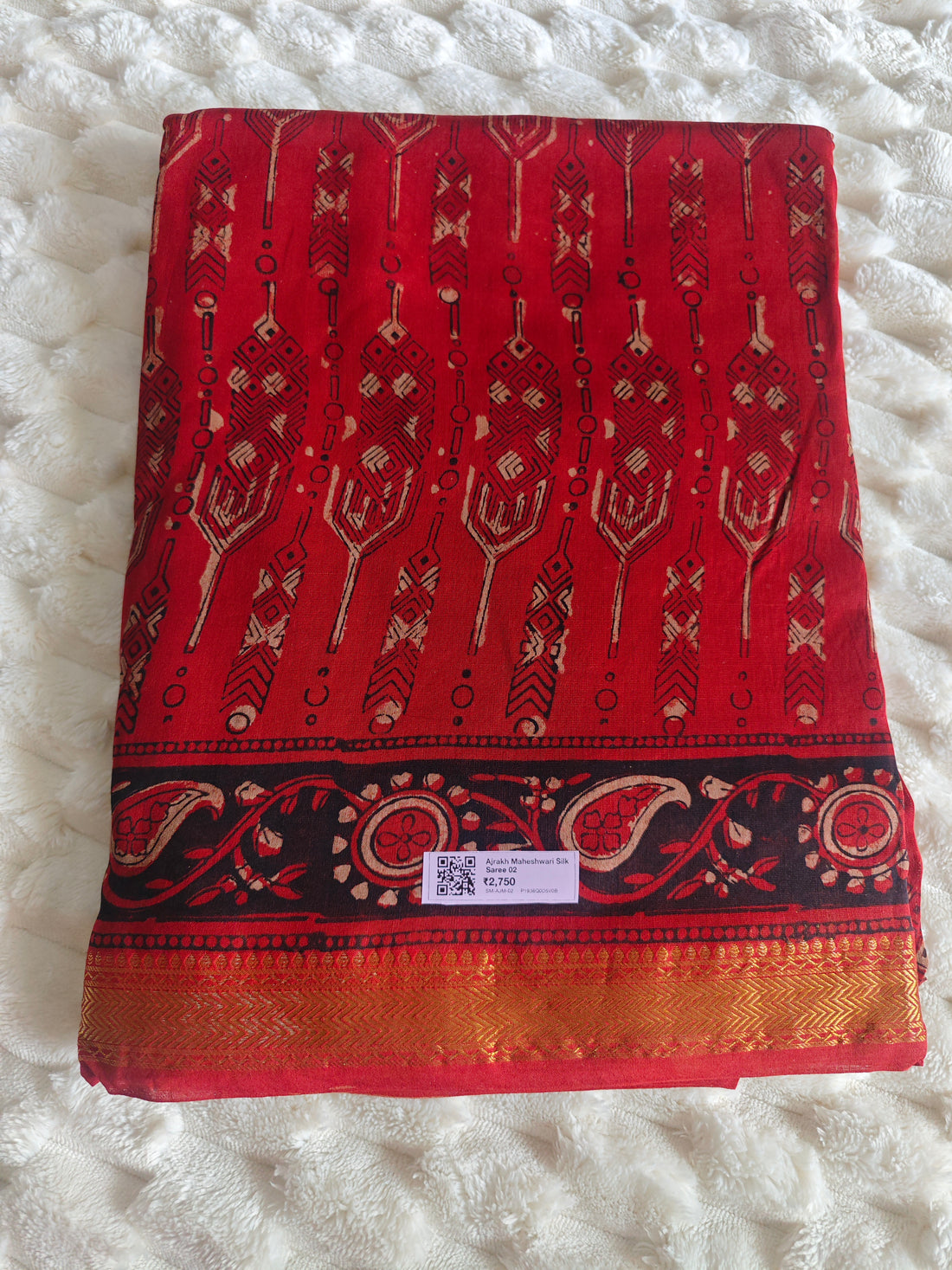 Ajrakh Print Maheshwari Silk Saree — Red & Black 02