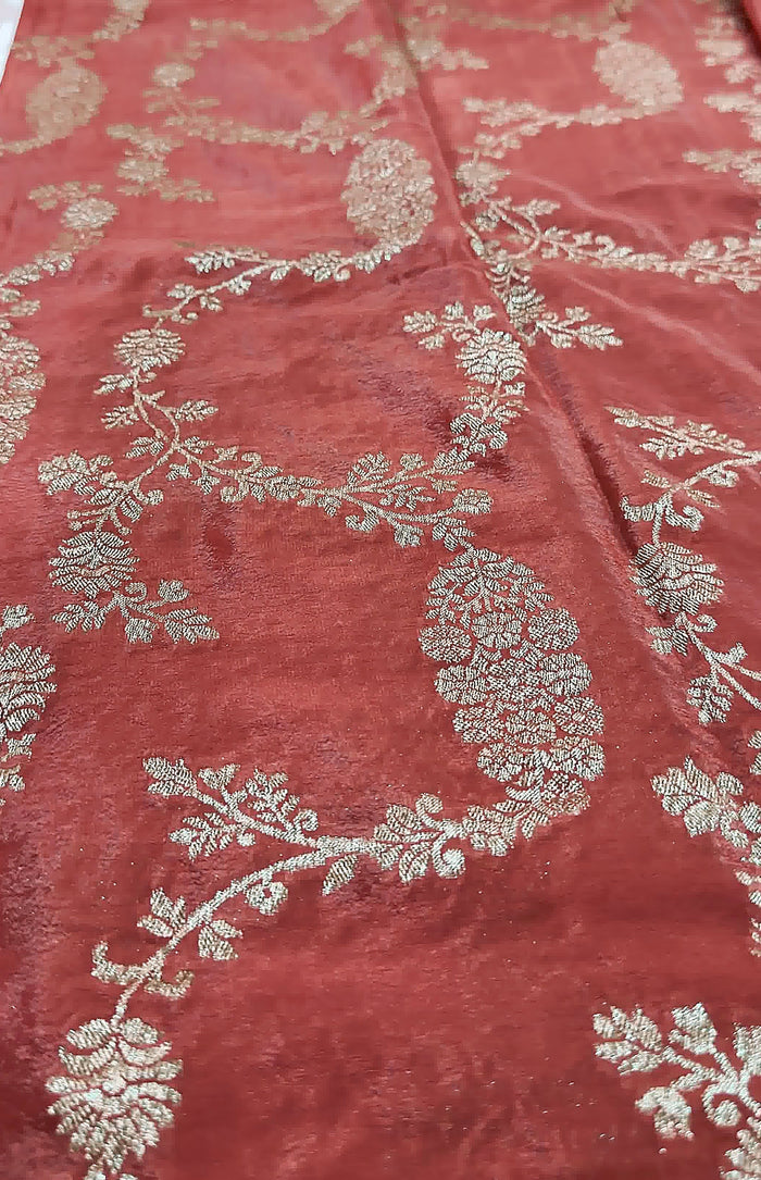 Rust Orange Khaddi Crepe Saree — Gold Zari Jaal