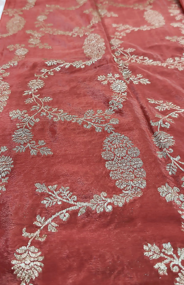 Rust Orange Khaddi Crepe Saree — Gold Zari Jaal