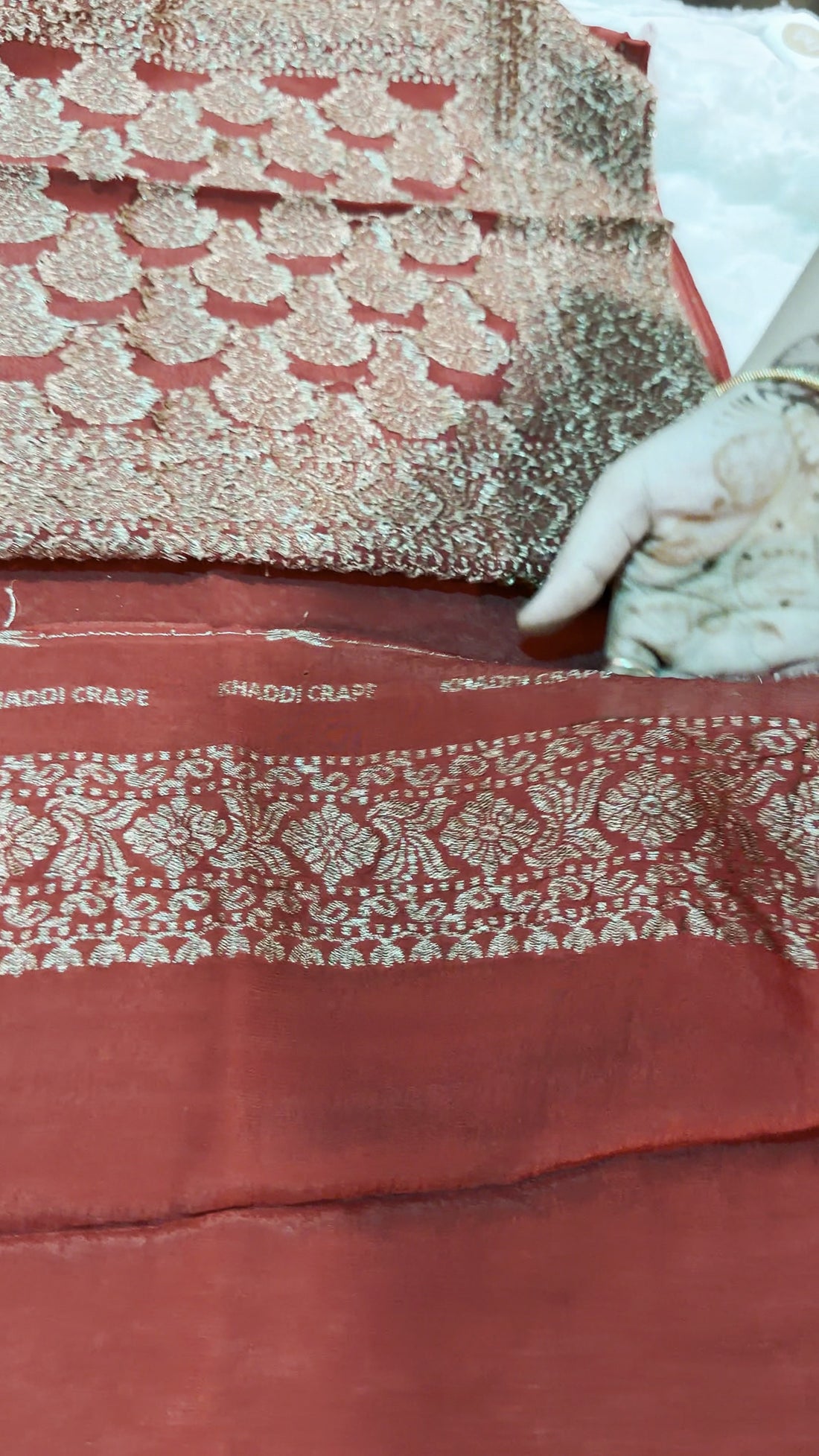 Rust Orange Khaddi Crepe Saree — Gold Zari Jaal