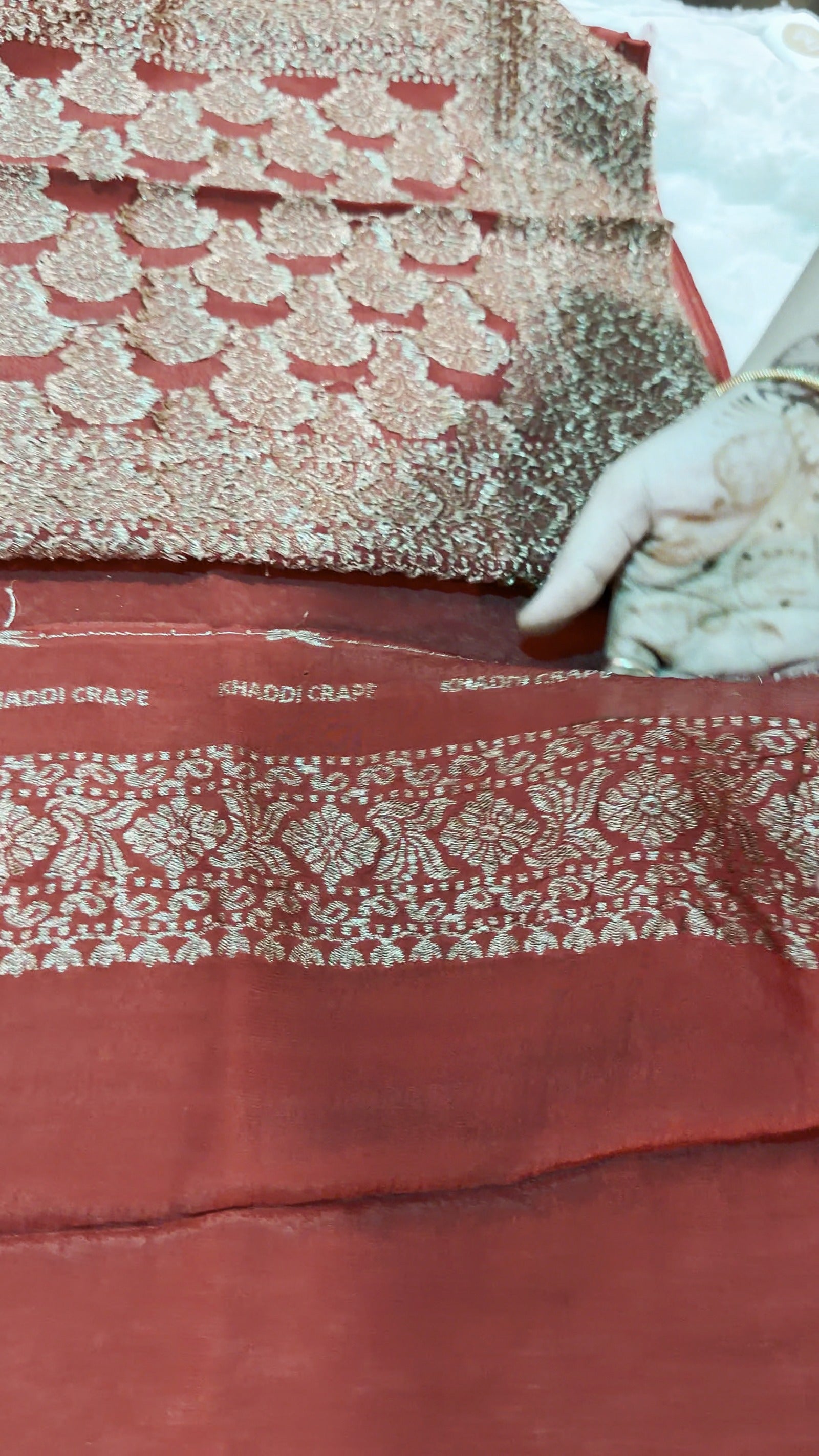 Rust Orange Khaddi Crepe Saree — Gold Zari Jaal