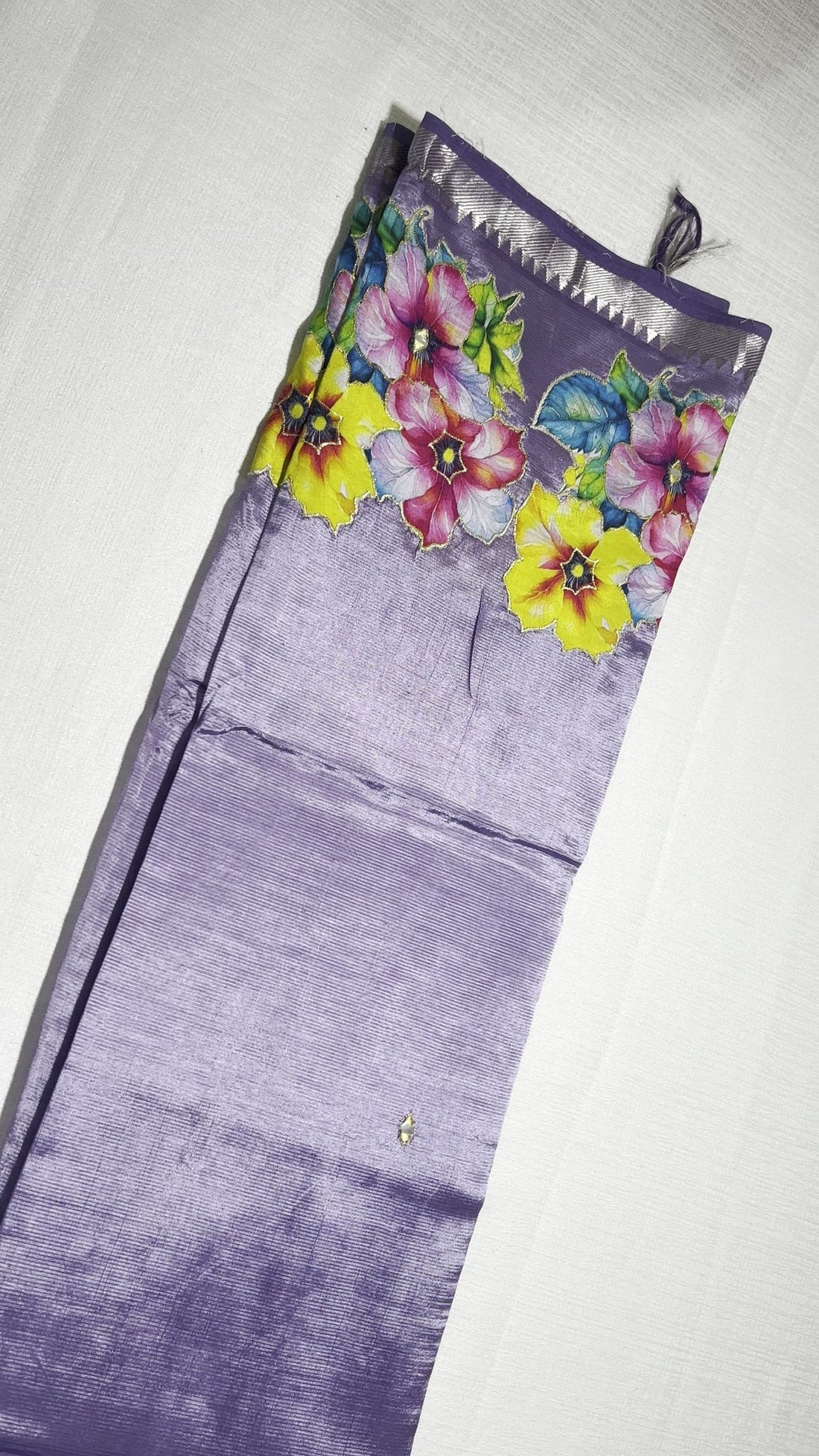 Lavender Mangalagiri Pattu Saree — Floral Applique Work