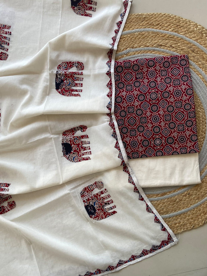 Ivory Elephant Appliqué Dupatta Suit — 3-Piece with Maroon Ajrakh Top