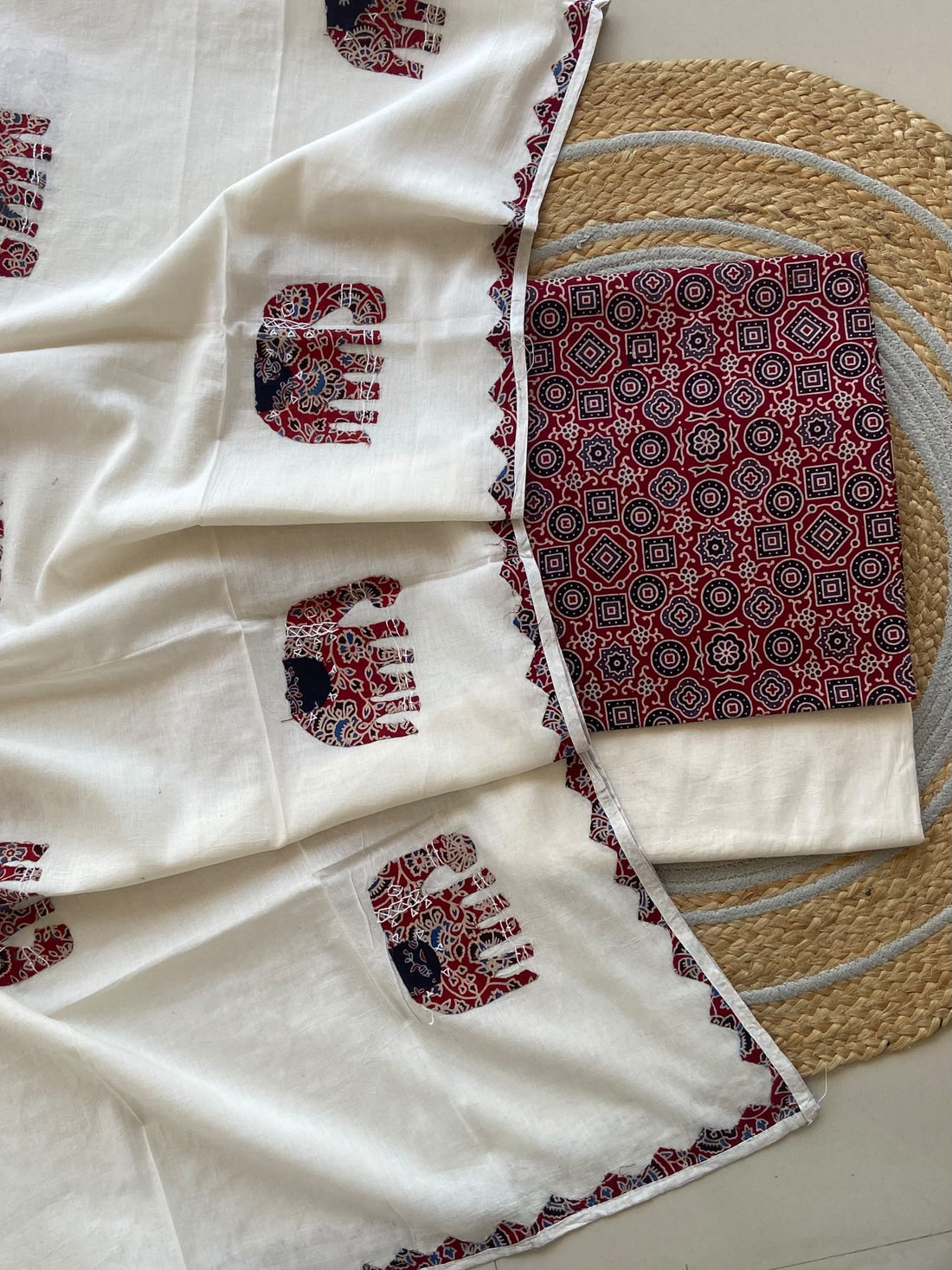 Ivory Elephant Appliqué Dupatta Suit — 3-Piece with Maroon Ajrakh Top