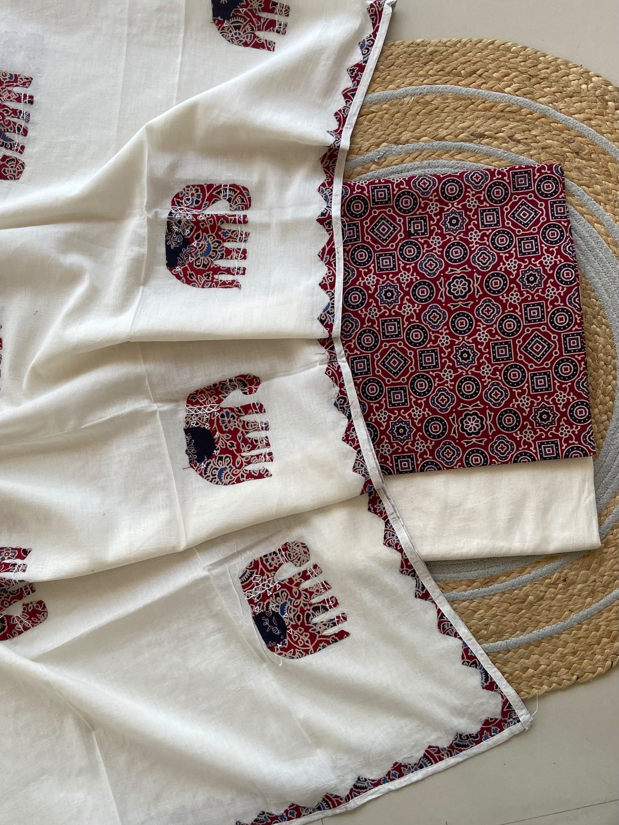 Ivory Elephant Appliqué Dupatta Suit — 3-Piece with Maroon Ajrakh Top