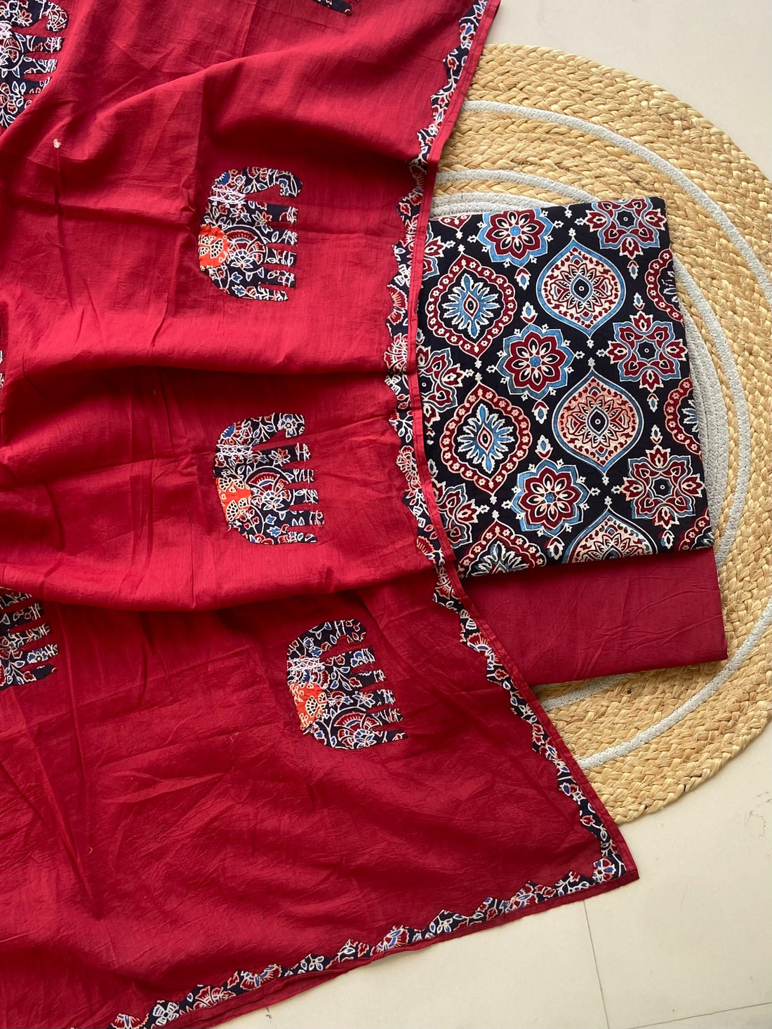 Crimson Elephant Appliqué Dupatta Suit — 3-Piece with Navy Ajrakh Top