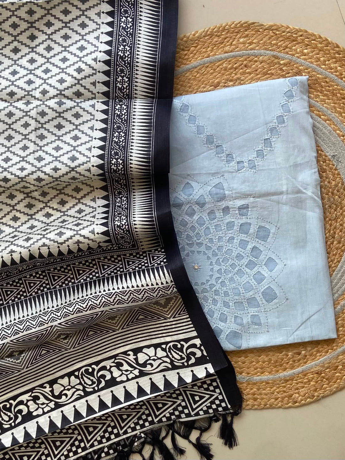Pale Blue Cutwork Cotton Kurti with Black and White Dola Dupatta — 2-Piece Unstitched Set