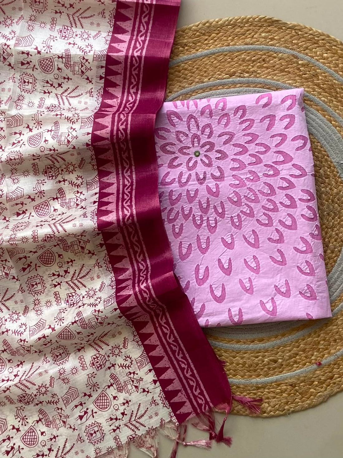 Pink Appliqué Cotton Kurti with Dola Dupatta — 2-Piece Unstitched Set