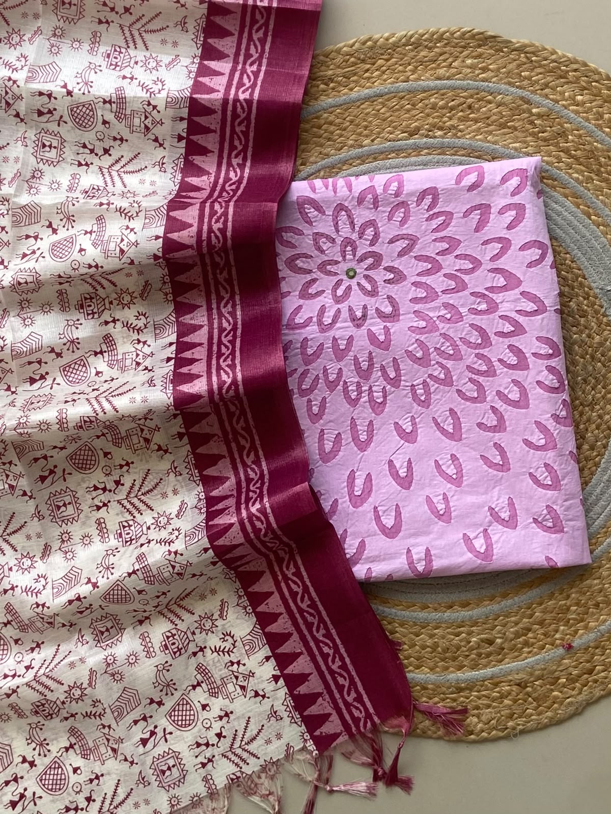 Pink Appliqué Cotton Kurti with Dola Dupatta — 2-Piece Unstitched Set