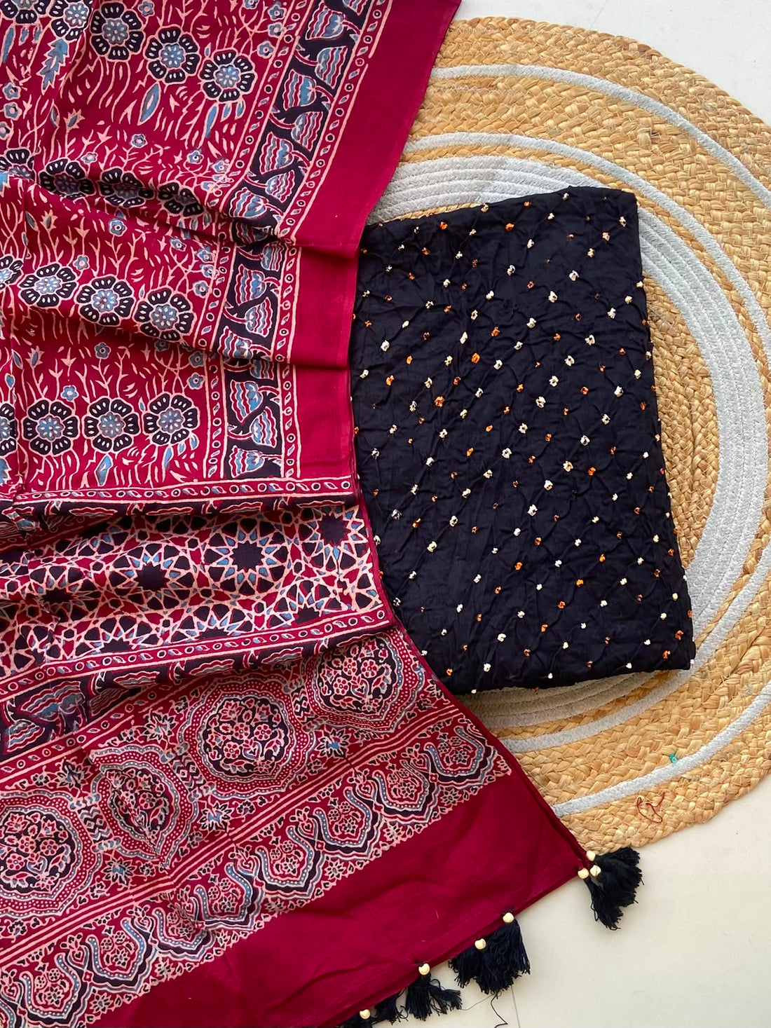 Black Bandhani Top with Crimson Ajrakh Dupatta — 2-Piece Unstitched Set