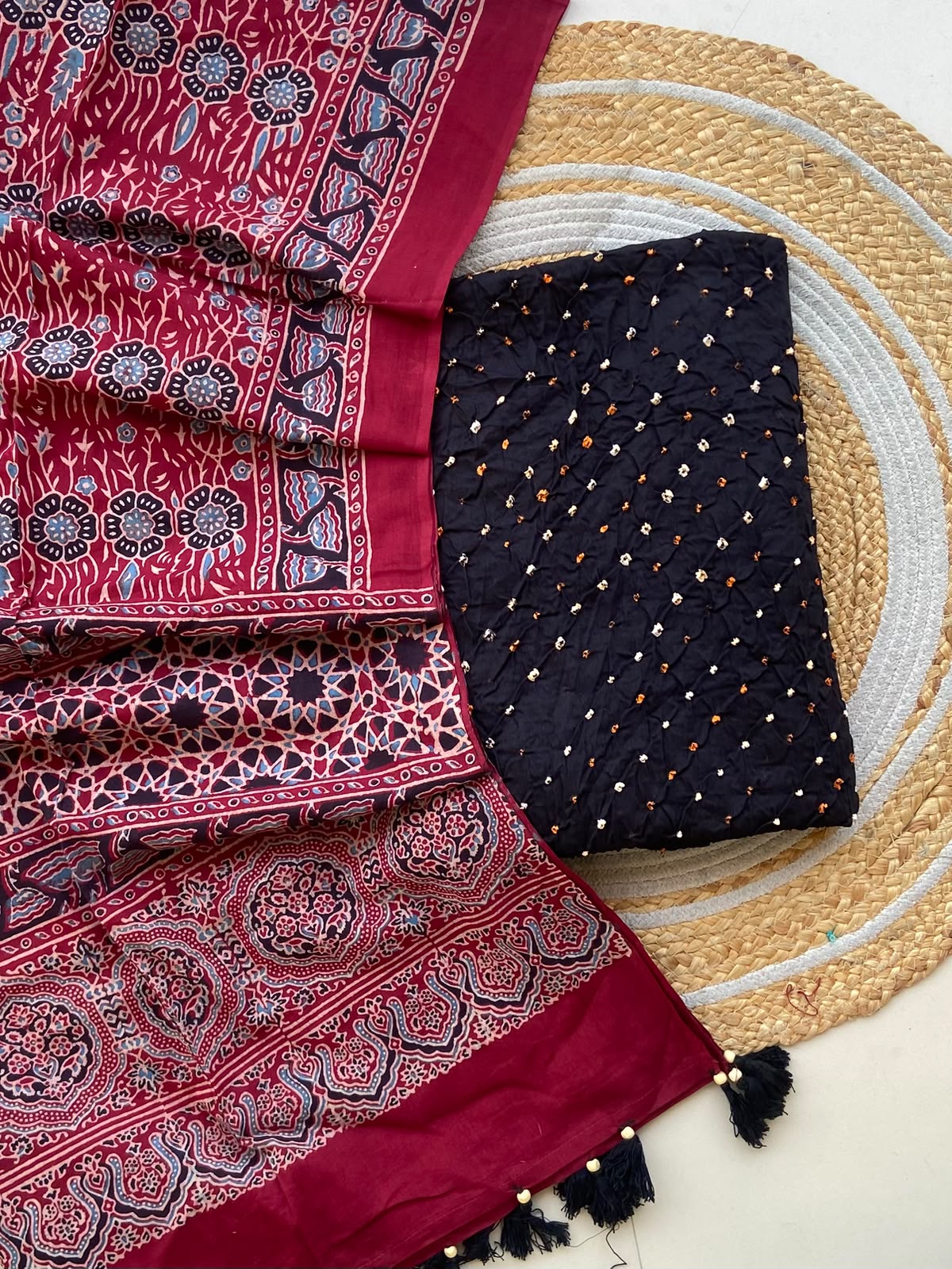 Black Bandhani Top with Crimson Ajrakh Dupatta — 2-Piece Unstitched Set
