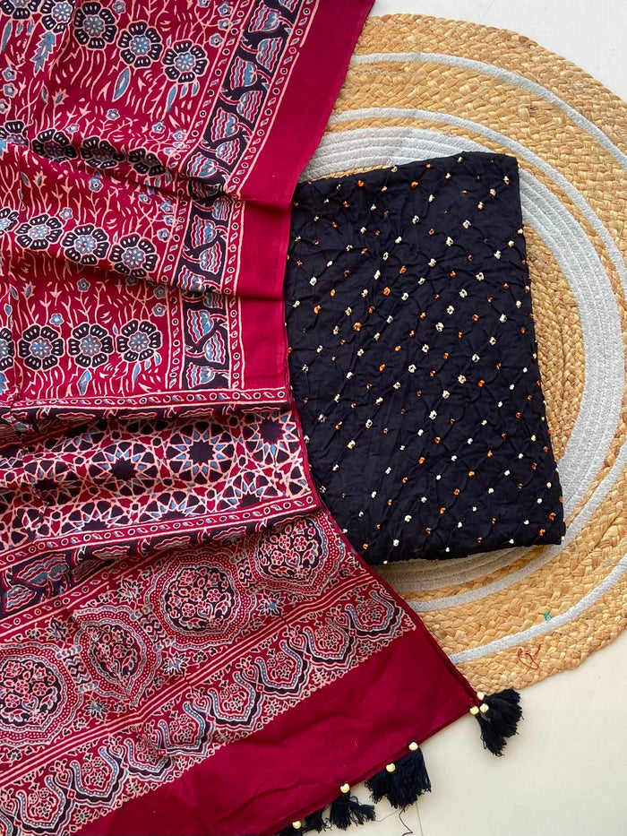 Black Bandhani Top with Crimson Ajrakh Dupatta — 2-Piece Unstitched Set