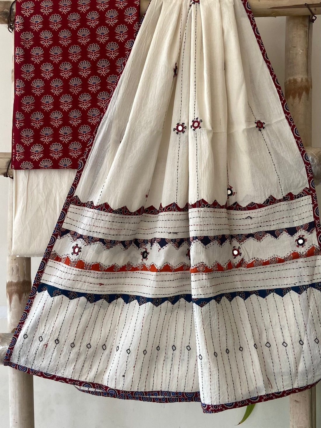 Ivory Mirror and Appliqué Kantha Dupatta Suit — 3-Piece with Maroon Ajrakh Top