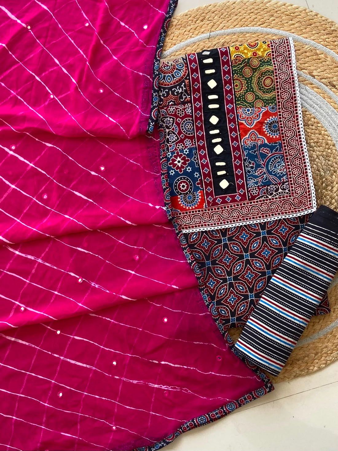 Magenta Leheriya Chiffon Dupatta Suit — 4-Piece with Mirror Work Yoke