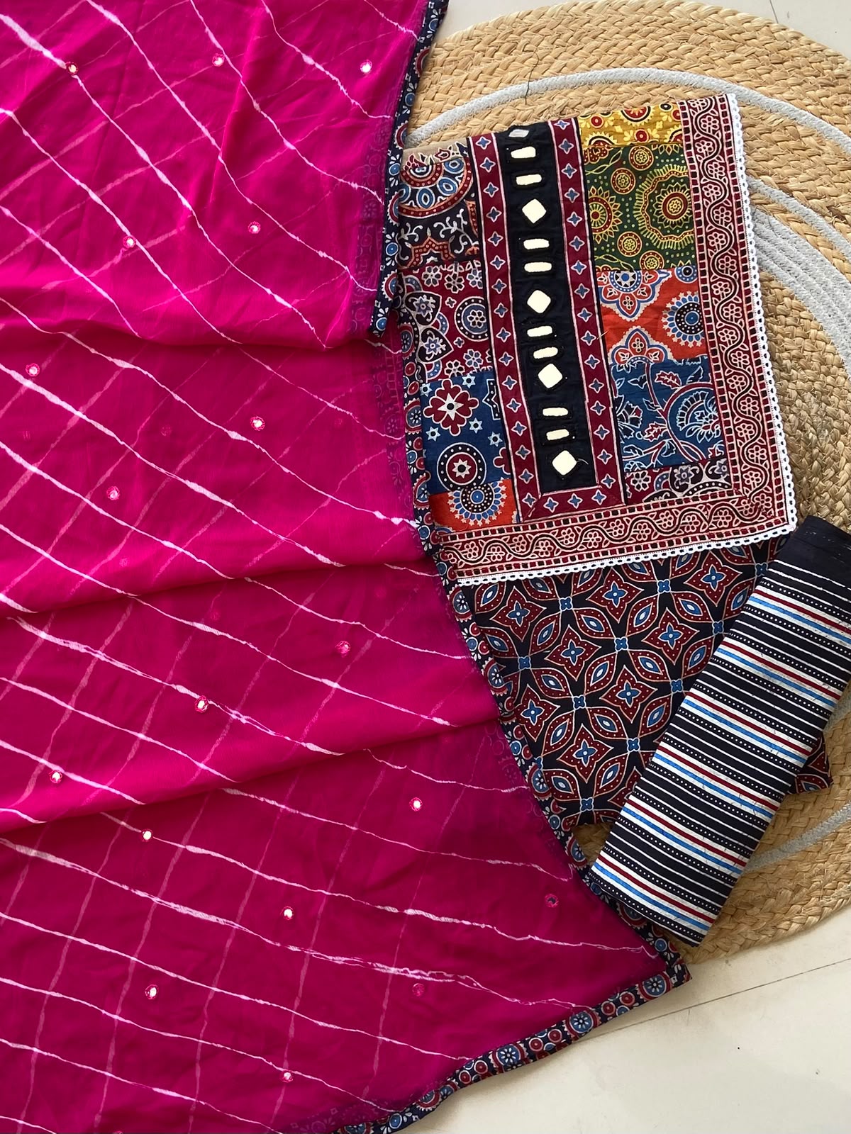 Magenta Leheriya Chiffon Dupatta Suit — 4-Piece with Mirror Work Yoke