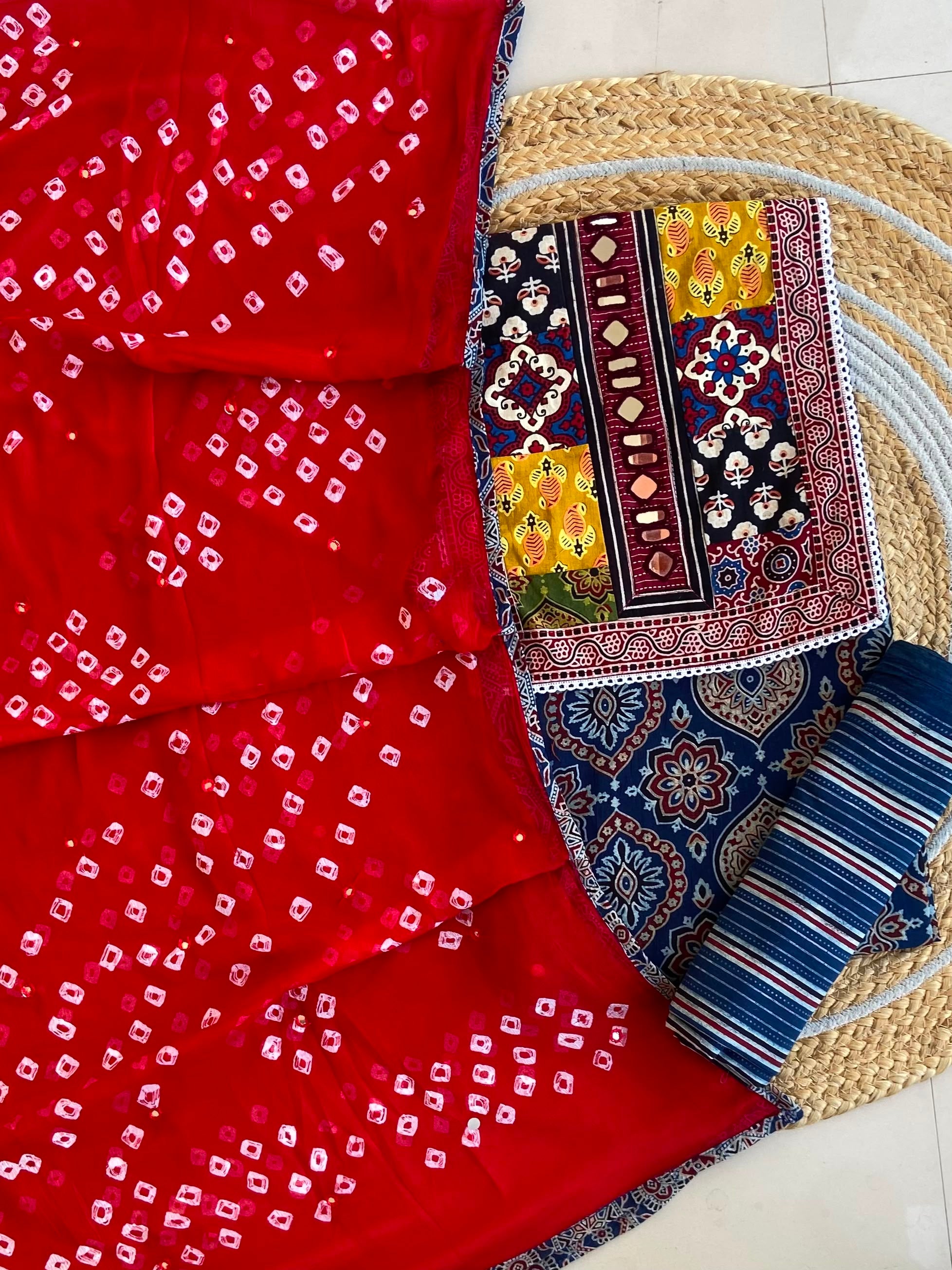 Red Bandhani Chiffon Dupatta Suit — 4-Piece with Ajrakh Mirror Work Yoke