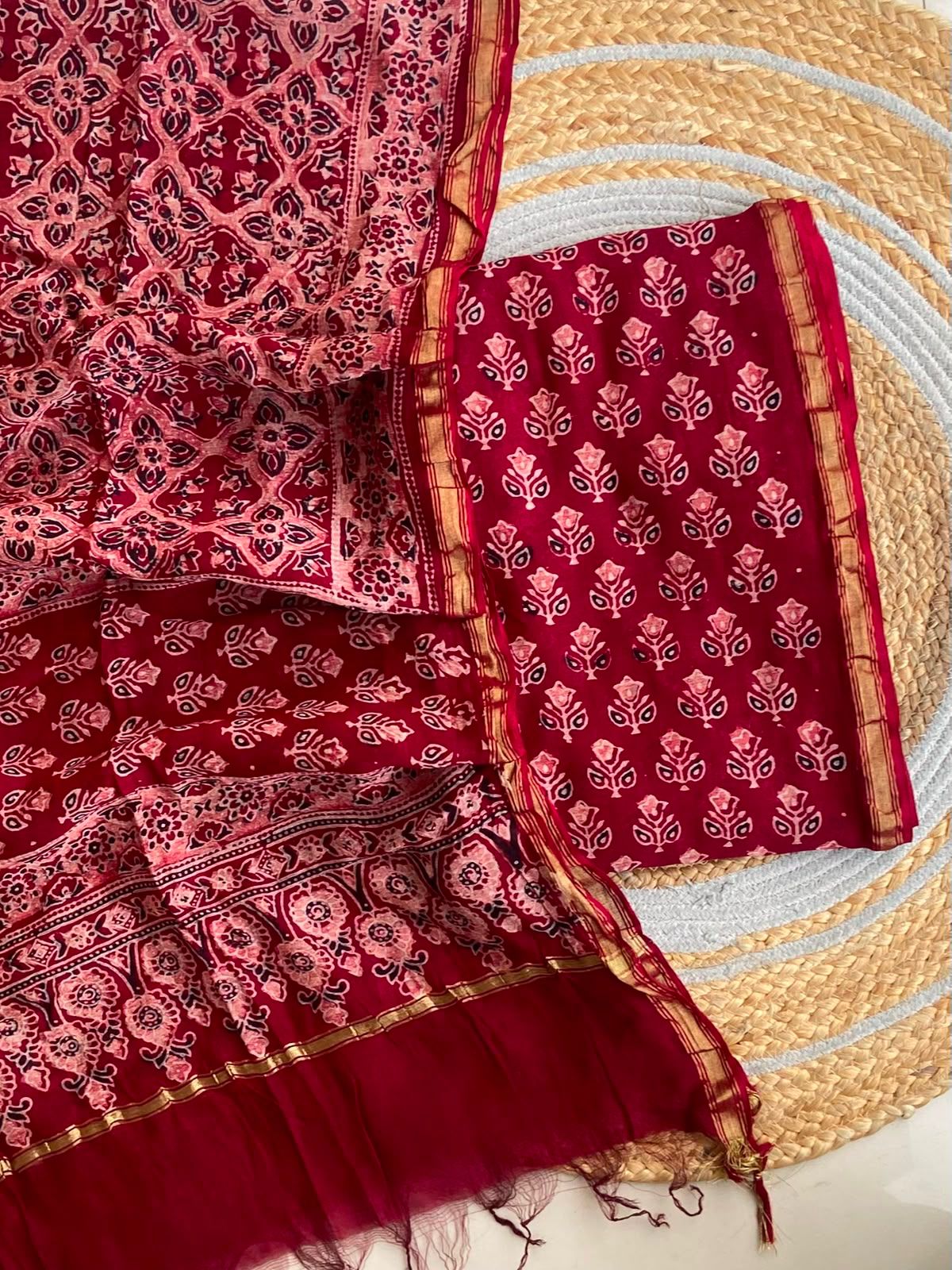 Crimson Ajrakh Chanderi Set — 2-Piece with Gold Zari Border