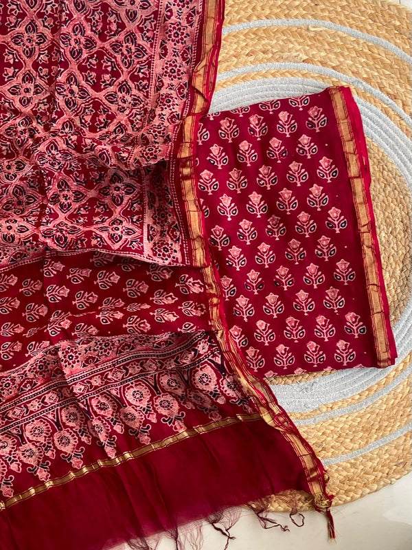 Crimson Ajrakh Chanderi Set — 2-Piece with Gold Zari Border
