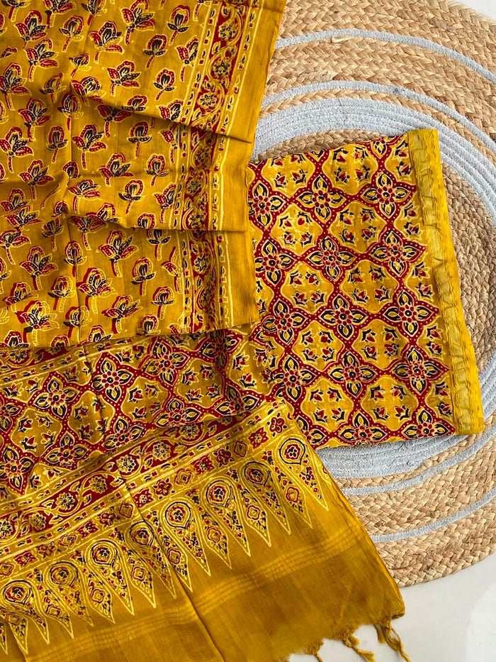 Turmeric Yellow Ajrakh Chanderi Set — 2-Piece with Gold Zari Border