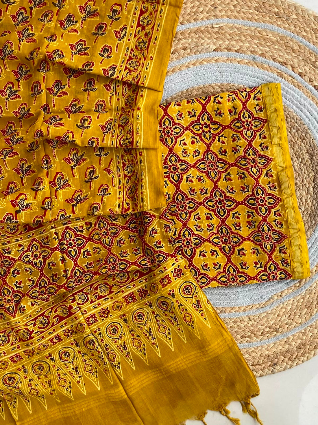 Turmeric Yellow Ajrakh Chanderi Set — 2-Piece with Gold Zari Border