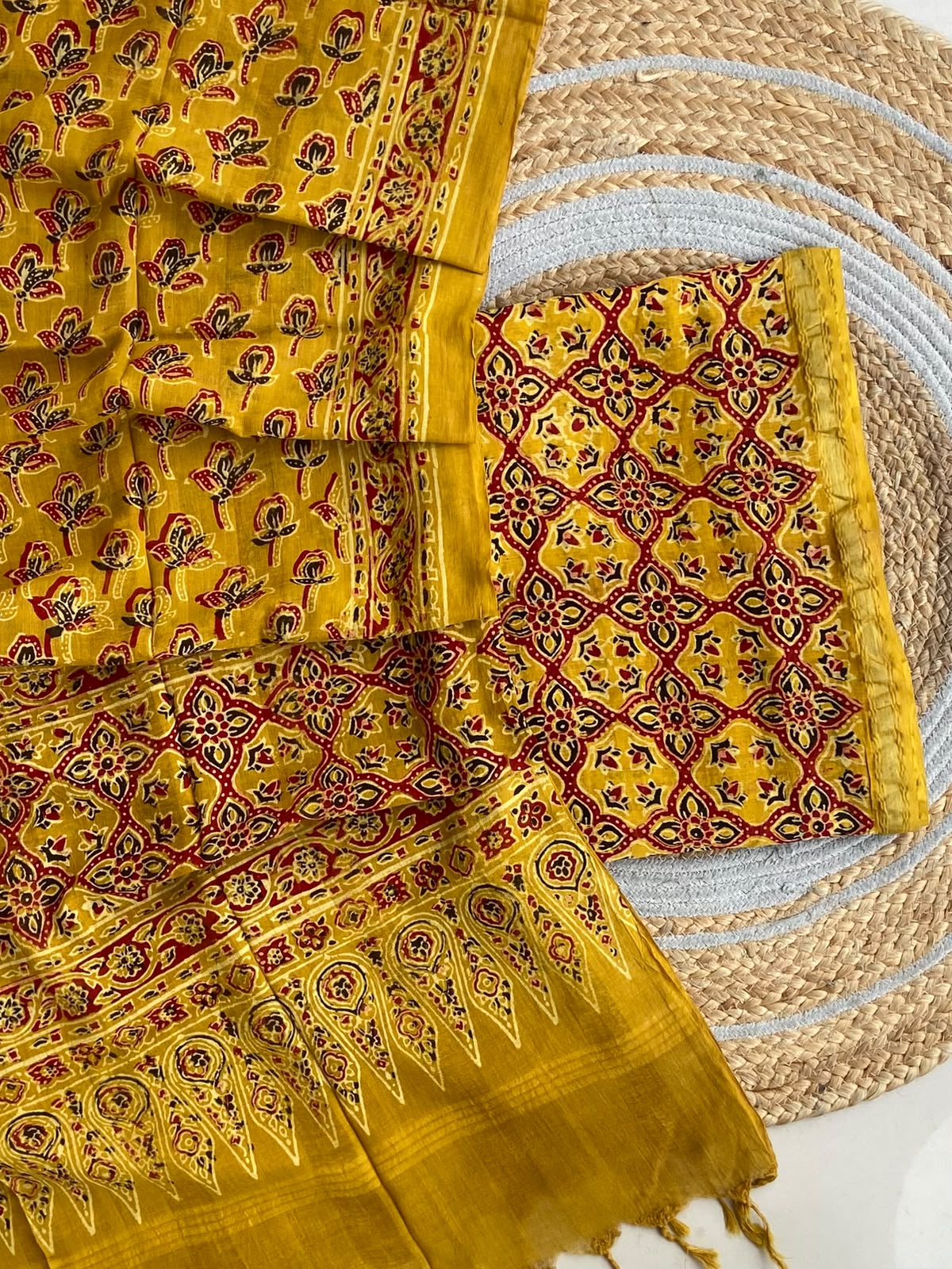 Turmeric Yellow Ajrakh Chanderi Set — 2-Piece with Gold Zari Border