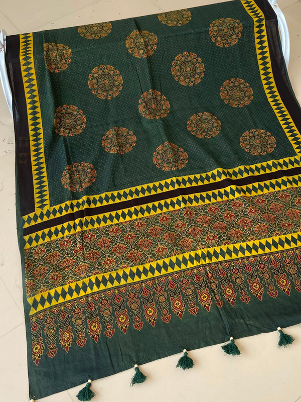 Dark Green Ajrakh Mul Cotton Dupatta — Mustard Medallions