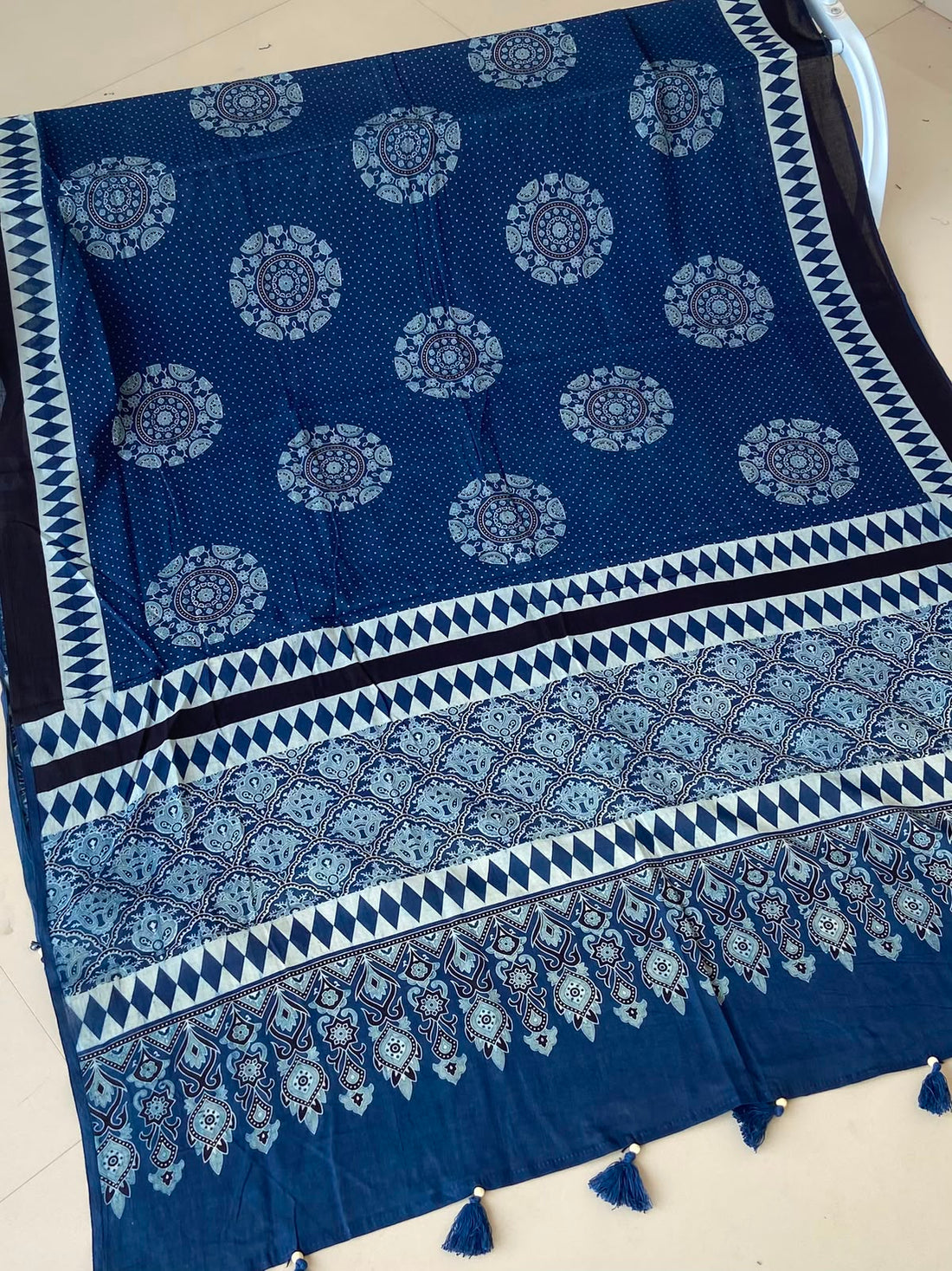 Indigo Ajrakh Mul Cotton Dupatta — Blue Tassels