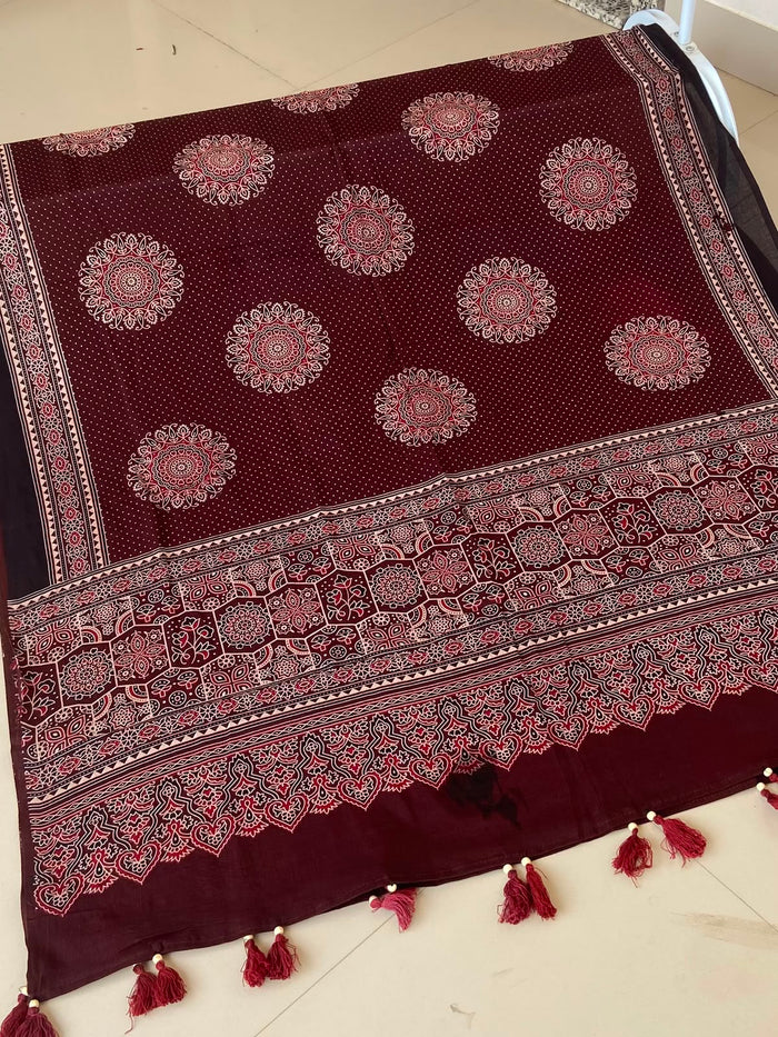 Maroon Ajrakh Mul Cotton Dupatta — Cream Medallions