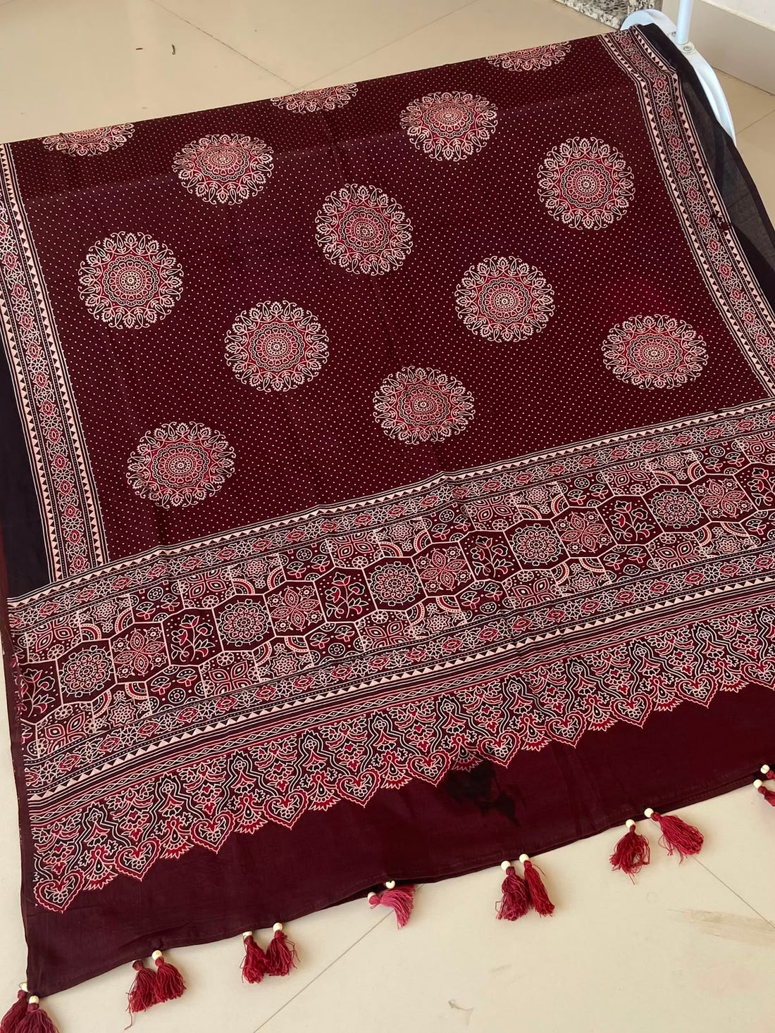 Maroon Ajrakh Mul Cotton Dupatta — Cream Medallions