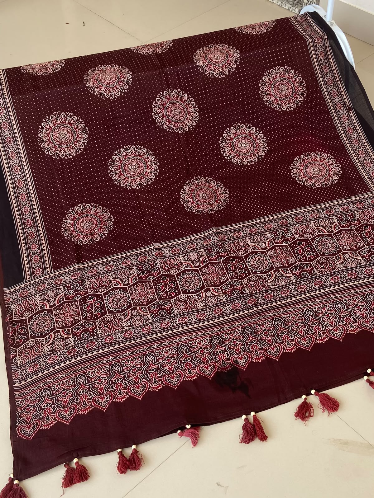 Maroon Ajrakh Mul Cotton Dupatta — Cream Medallions