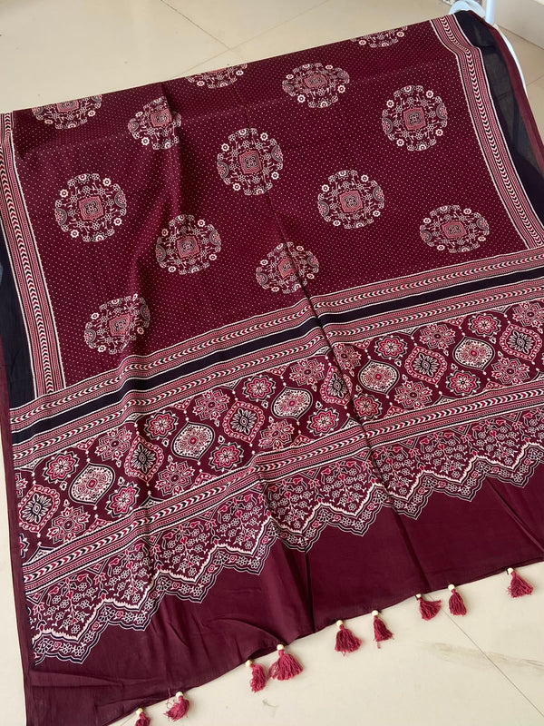 Deep Maroon Ajrakh Mul Cotton Dupatta — White Medallions