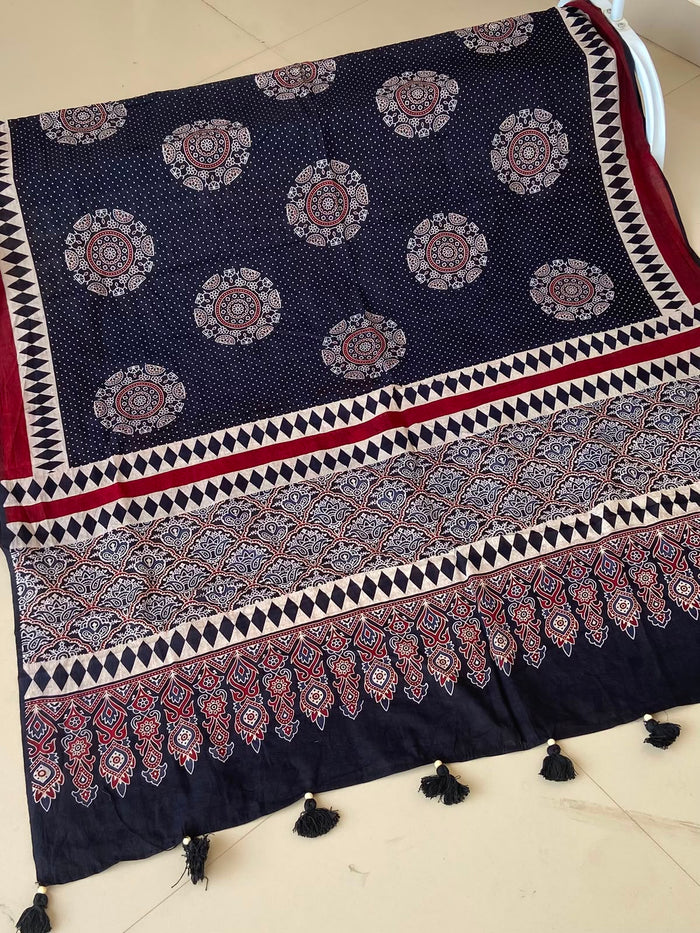Navy Ajrakh Mul Cotton Dupatta — Black Tassels