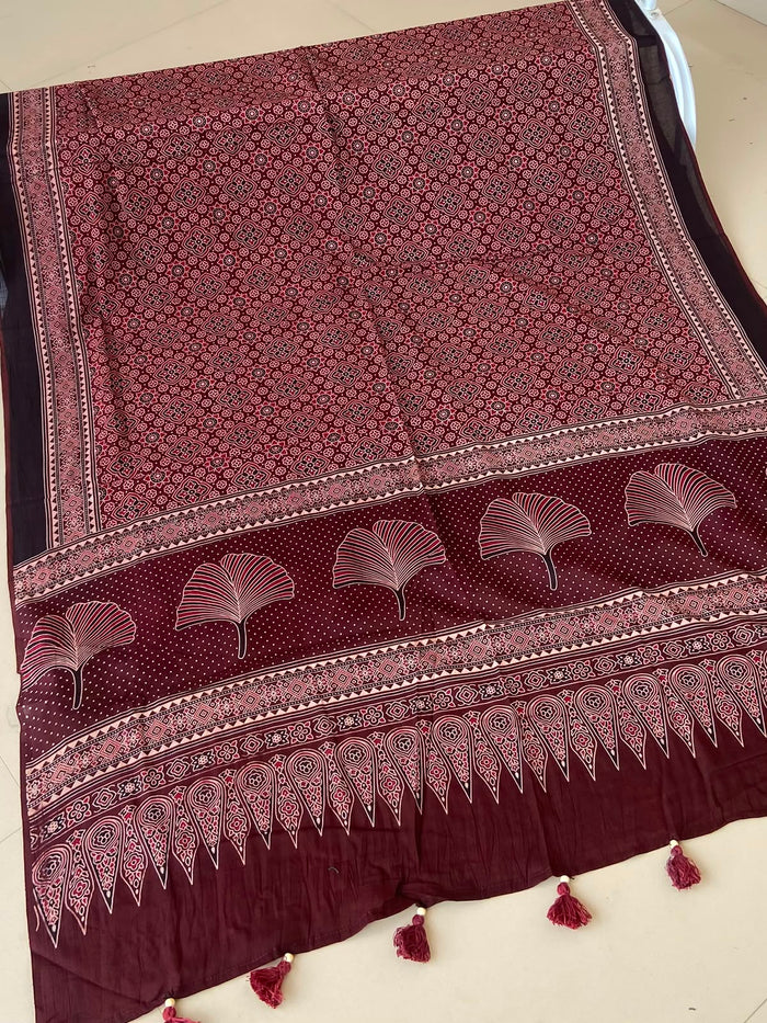 Dusty Rose Ajrakh Mul Cotton Dupatta — Lotus Fan Border