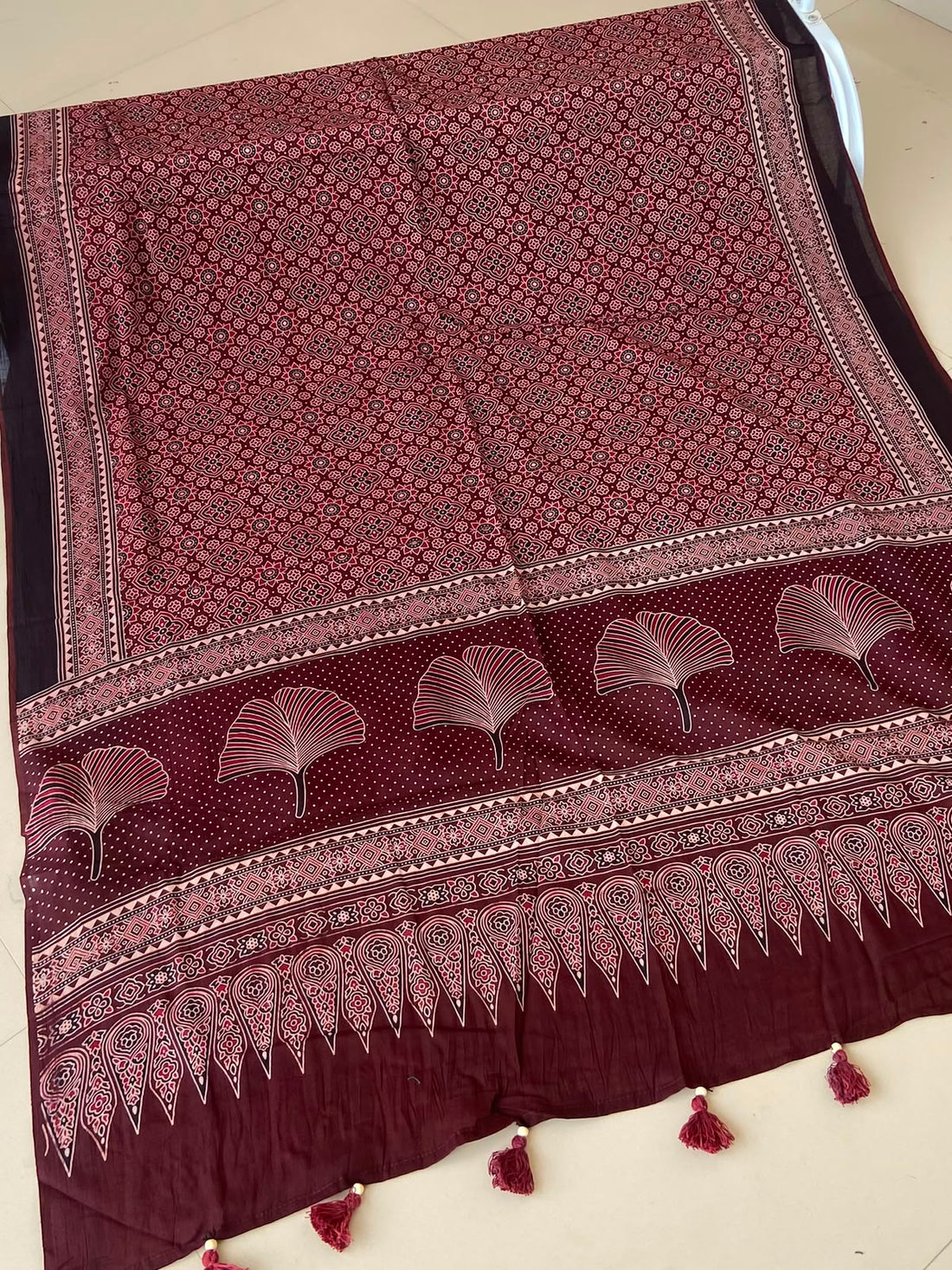 Dusty Rose Ajrakh Mul Cotton Dupatta — Lotus Fan Border