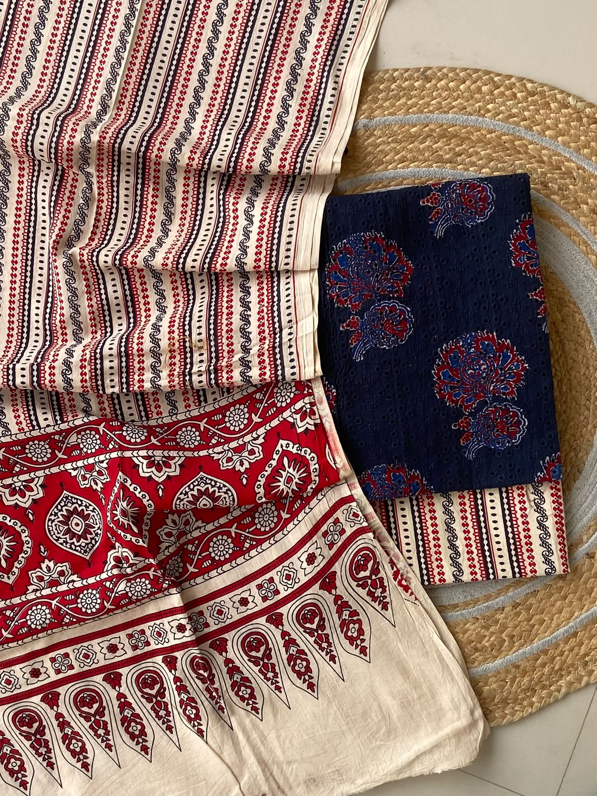 Navy Hakoba Cotton Unstitched Suit — Ajrakh Print 3-Piece with Cream Striped Dupatta