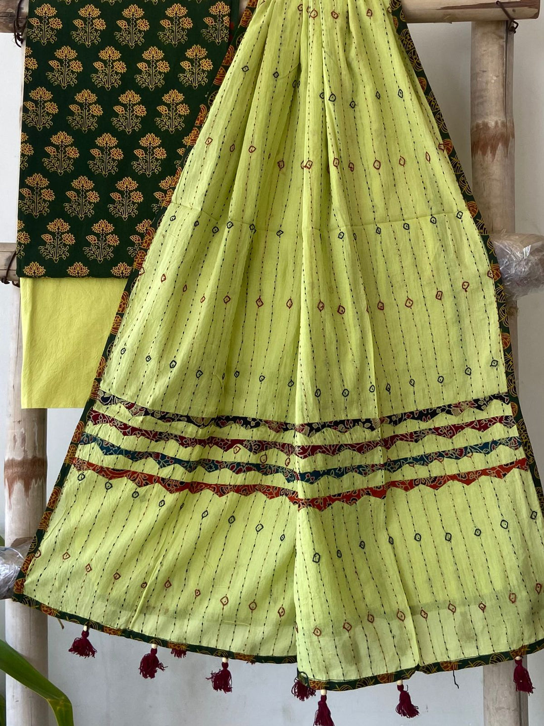 Bottle Green Ajrakh Print Cotton Suit — 3-Piece with Lime Hand-Kantha Dupatta