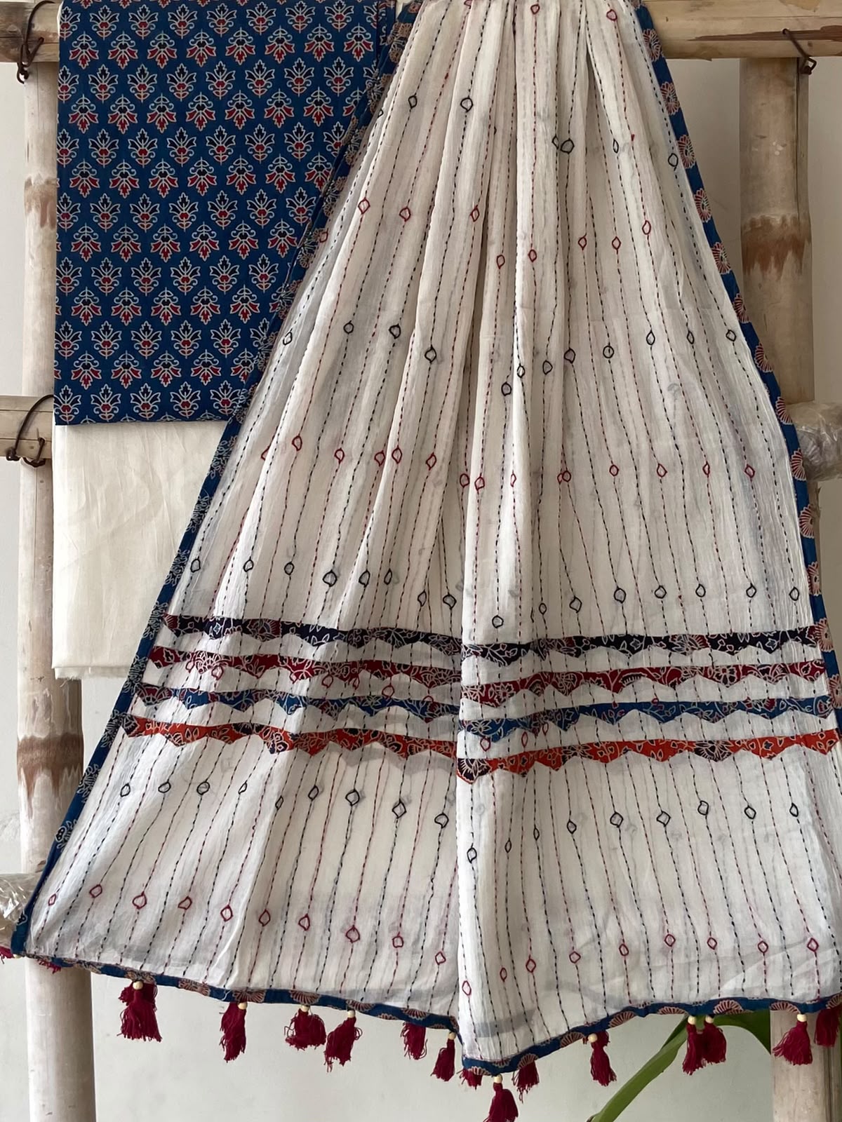 Indigo Ajrakh Print Cotton Suit — 3-Piece with Hand-Kantha Ivory Dupatta