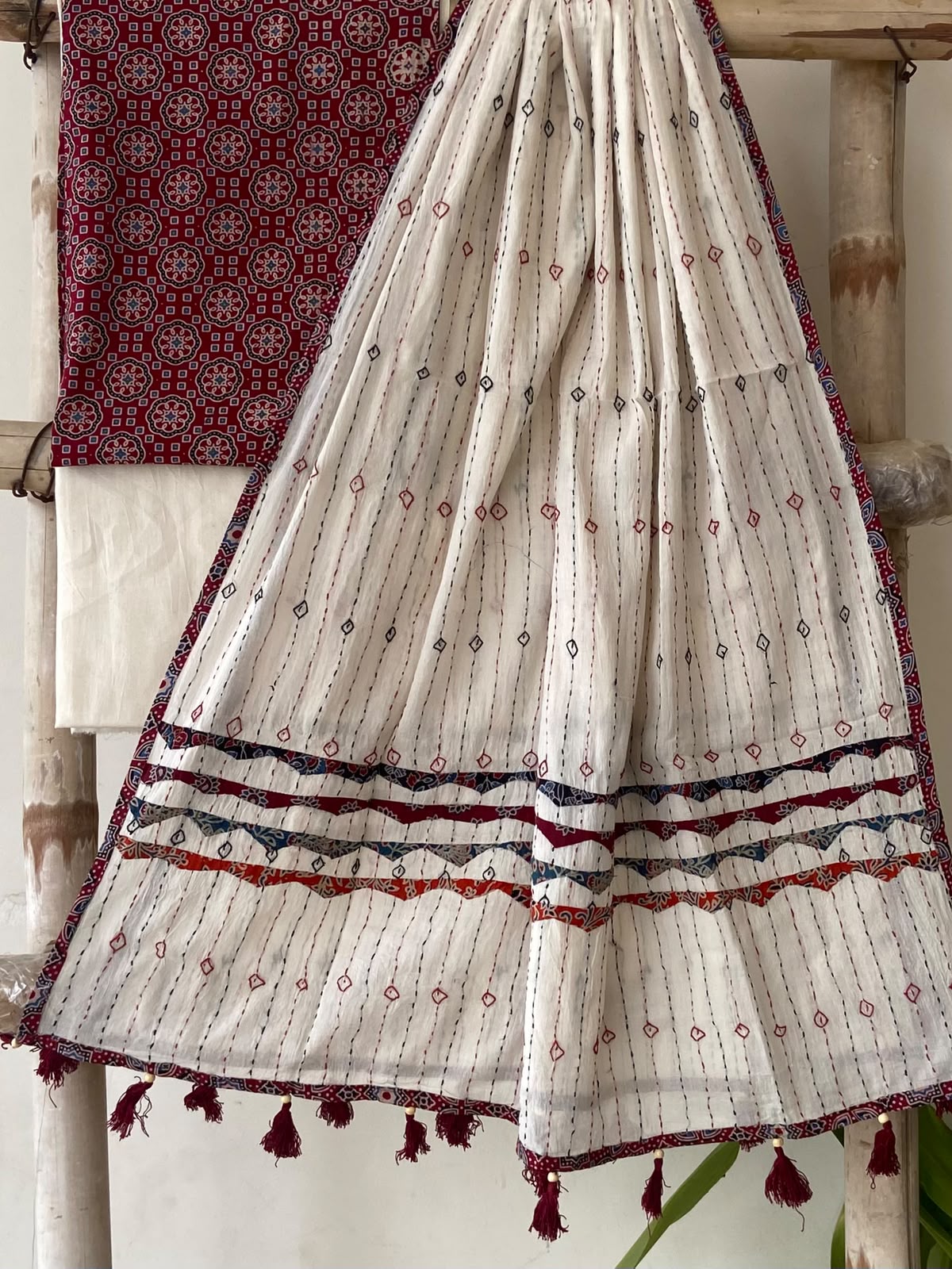 Deep Maroon Ajrakh Print Cotton Suit — 3-Piece with Hand-Kantha Ivory Dupatta