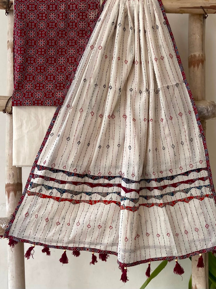 Deep Maroon Ajrakh Print Cotton Suit — 3-Piece with Hand-Kantha Ivory Dupatta