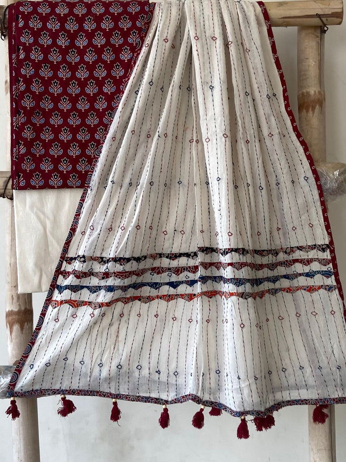Maroon Ajrakh Print Cotton Suit — Tulip Buti, 3-Piece with Hand-Kantha Ivory Dupatta