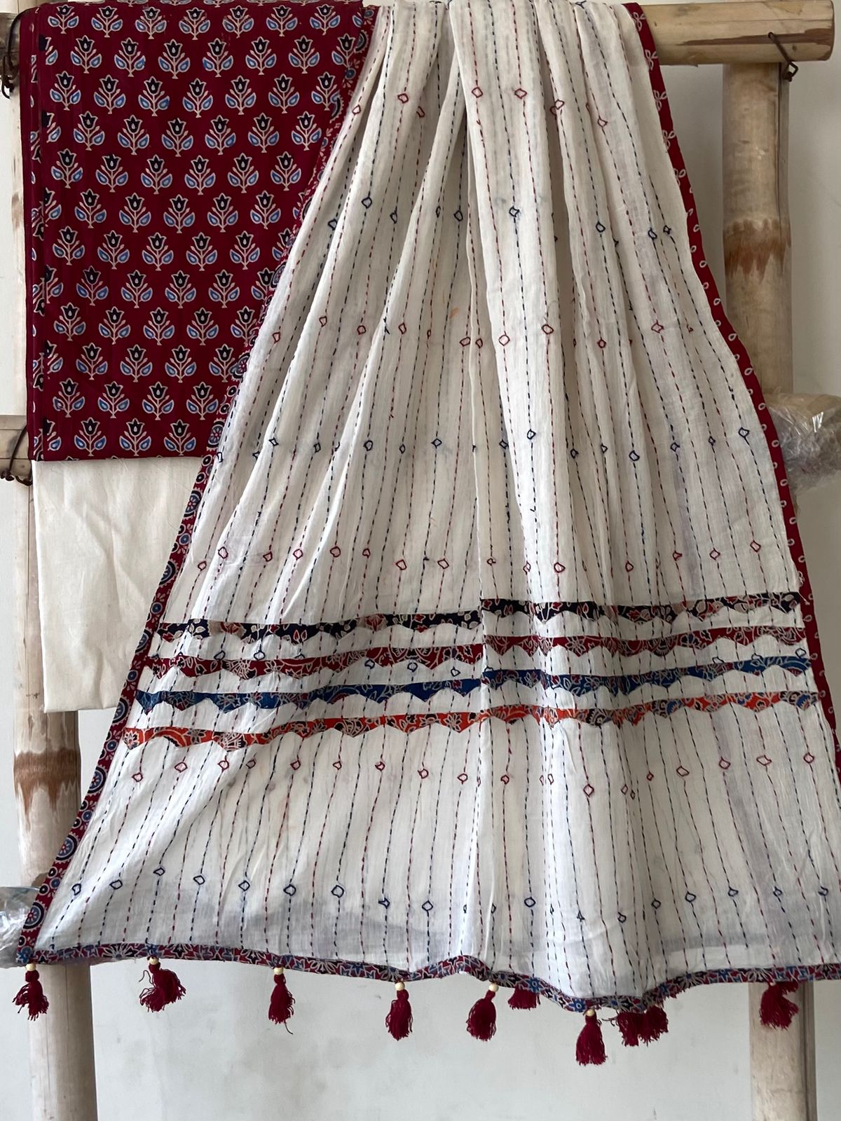 Maroon Ajrakh Print Cotton Suit — Tulip Buti, 3-Piece with Hand-Kantha Ivory Dupatta