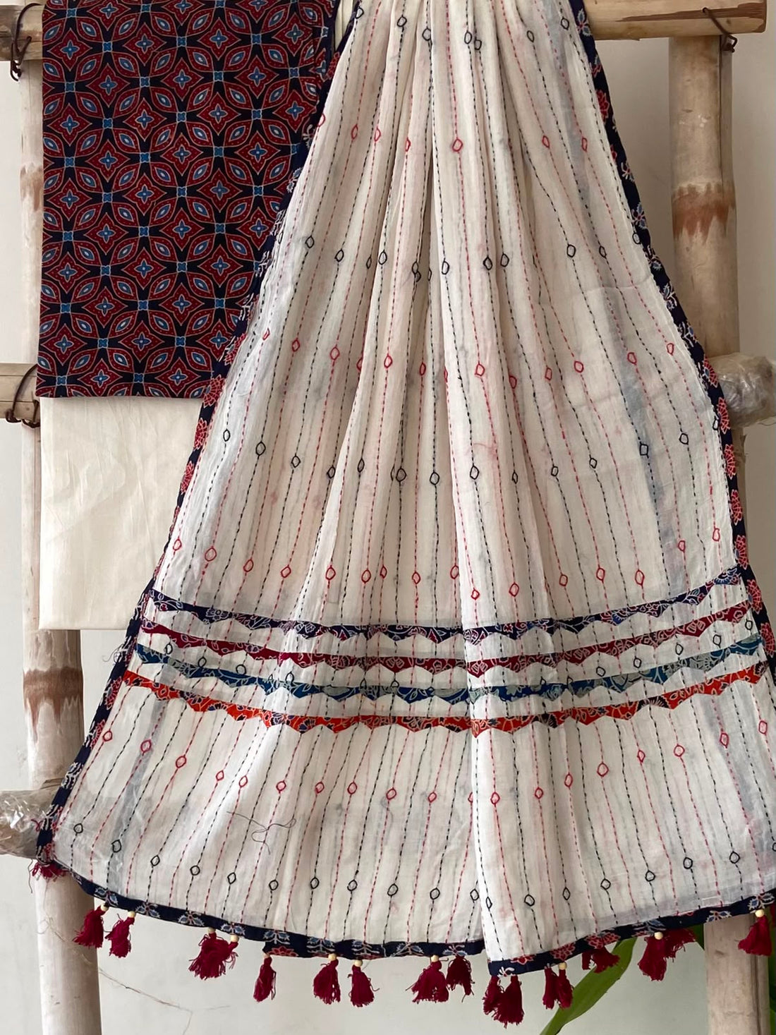 Maroon and Blue Ajrakh Print Cotton Suit — Lattice Jaal, 3-Piece with Hand-Kantha Ivory Dupatta