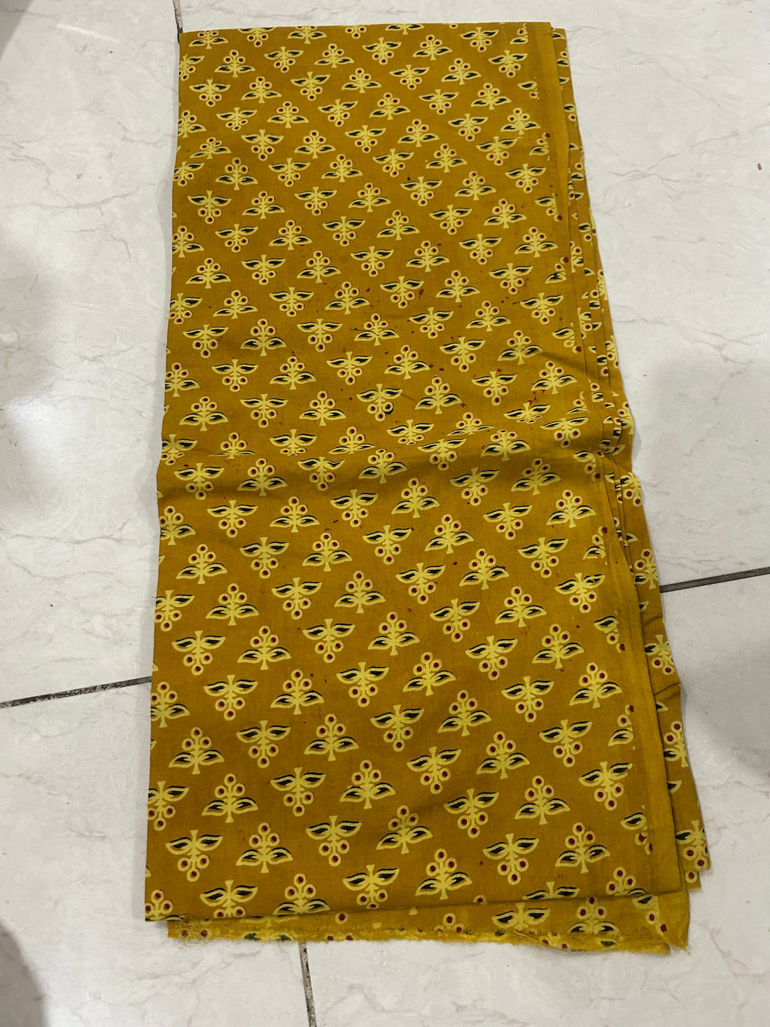 Marigold Ajrakh Print Cotton Suit — 3-Piece with Dark Olive Hand-Kantha Dupatta