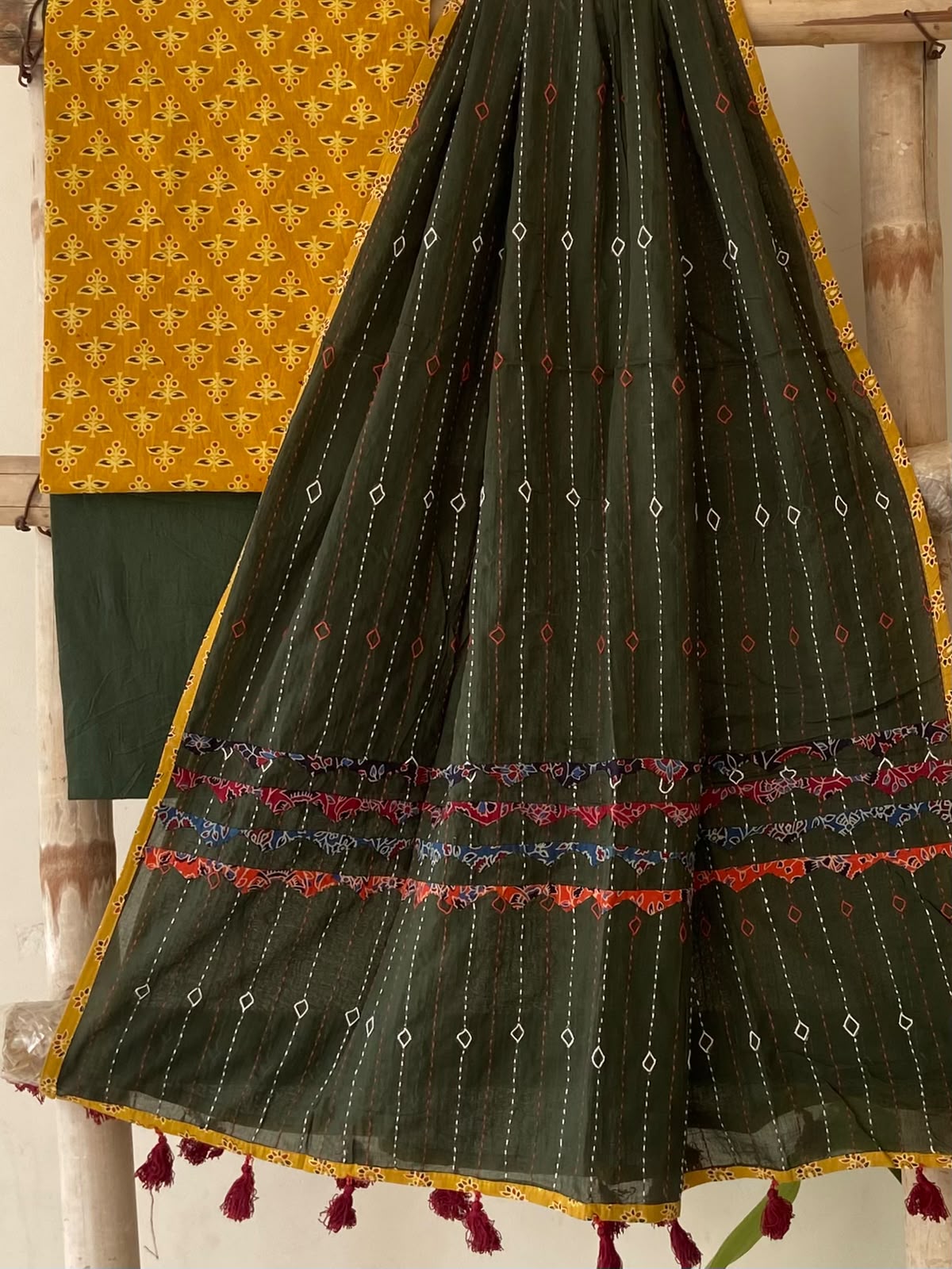 Marigold Ajrakh Print Cotton Suit — 3-Piece with Dark Olive Hand-Kantha Dupatta