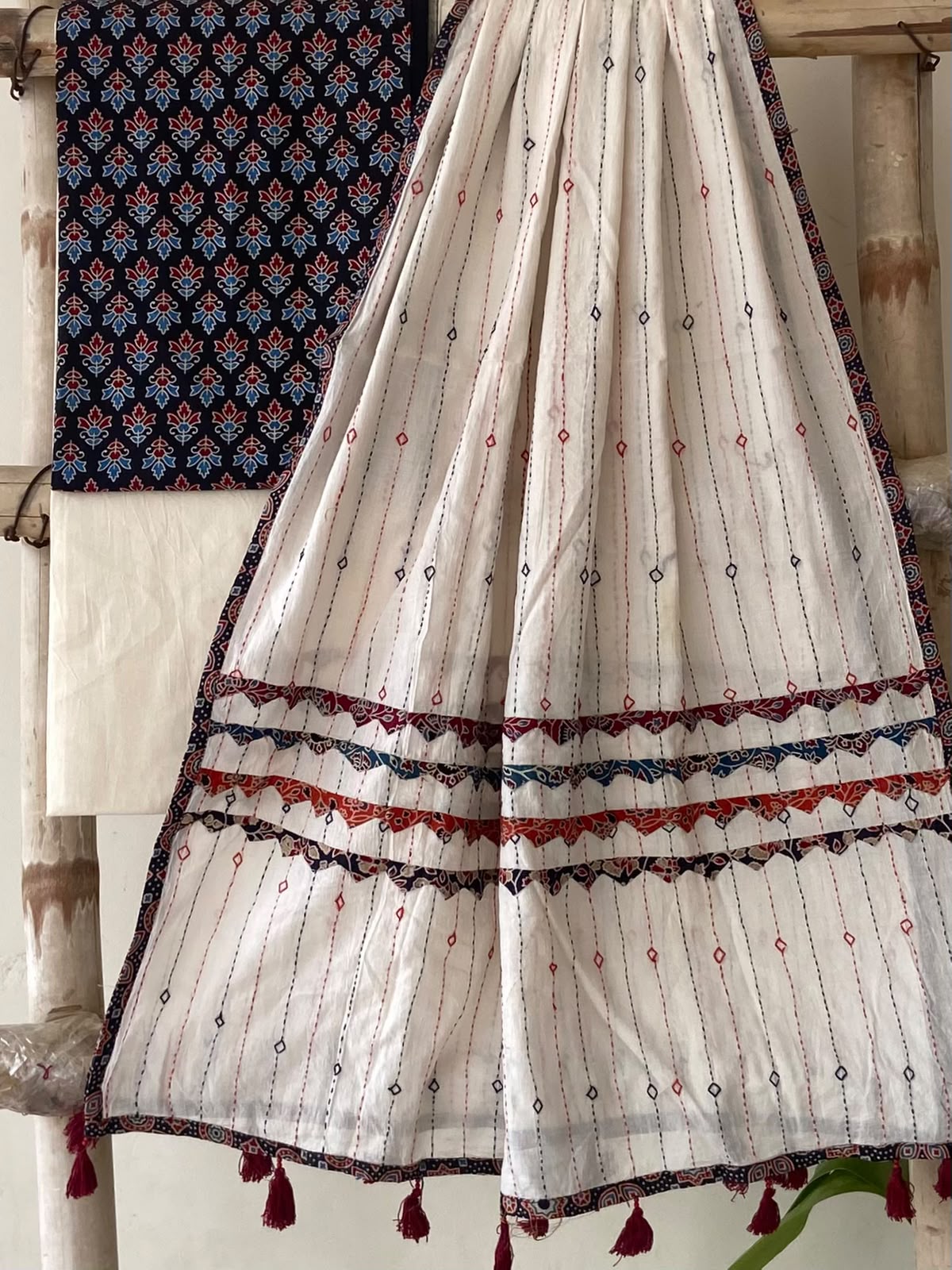 Navy Ajrakh Print Cotton Suit — Blue Damask, 3-Piece with Hand-Kantha Cream Dupatta